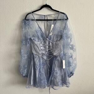 For Love and Lemons Lace Up Embroidered Sequin Bows Presley Mini Dress NWT